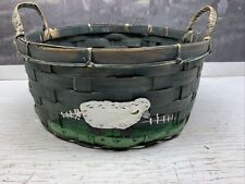 Vintage HandPainted Wicker Woven Wood Covered Basket Sheep 5” Tall X 10.5” Wide picture