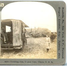 Threshing Oats, Illinois,Girl Standing Next To Machinery-Keystone Stereoview X66 picture