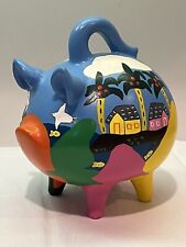 Mexican Folk Art Piggy Bank Hand Painted Colorful Yucatan Handle Stopper Signed picture
