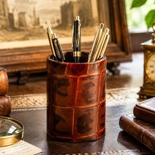 Vintage Bloomingdale’s Italian Leather Pen Cup Desk Organizer picture