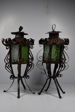 2 Vintage Spanish Revival Hanging Lamp Lanterns Green Clear Folk Art 6 Panels picture