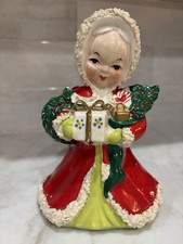 Vtg. 1950s CK Japan Ceramic Christams Girl Planter Spaghetti Trim Figurine picture