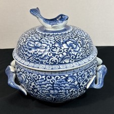 VTG Tureen Fish Bowl 3D Koi Handles Porcelain Hand Painted Blue White Rare Find picture