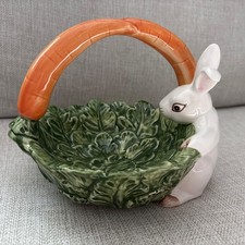 Vintage Omnibus JAPAN Ceramic Bunny Carrot Handle with Green Leaf Basket picture