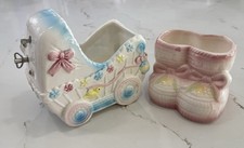 Lot Of 2 Vtg Ceramic Planters Japan Nursery Bootie Cradle Kitschy LUV Imports picture