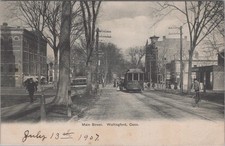 Main Street Wallingford CT Trolley Streetcar Bicyclist American News Postcard picture