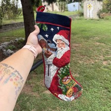 Vintage Christmas Needlepoint Santa Old World Velvet Backed Stocking Xmas picture