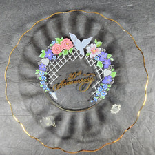 Vintage 50th Anniversary Clear Glass Plate Gold Trim Dove & Colored Flowers picture
