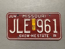 VINTAGE MISSOURI LICENSE PLATE MAROON /WHITE JLE-961 1991 STICKER REISSUE RARE picture