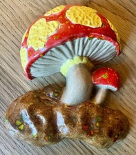 Vintage 1974 MCM Spotted Mushroom Ceramic Wall Decor Red Yellow Handmade picture