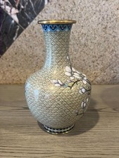 Antique Multi-color Closogne Enamel China - Bird, Clouds and Flowers Vase 8 1/2