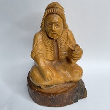 VTG Wooden Hand Carved Wise Piping Old Man Sitting On The Stand picture