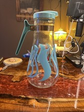 Vintage E‑Z Pour Atomic Pitcher 1950s Mid Century Modern Glass Carafe Teal Lid picture
