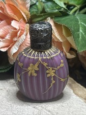 32. Antique 925 Sterling Purple Ribbed Glass Gilded Floral Perfume Bottle 65.8mm picture
