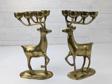 VTG Pair Brass Deer Tea Light Candle Holder MCM Reindeer Christmas Centerpiece picture