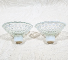 ANCHOR HOCKING OPALESCENT MOONSTONE PAIR OF GLASS HOBNAIL TAPER CANDLE HOLDERS picture