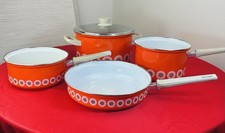 Vtg 1970s Austria Emaille Cookware 5pc Orange Daisy Flower Power Set  MCM Retro picture