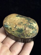 Antique Small Lidded Paper Mache Lacquer Snuff Box Rustic Folk Art Landscape picture