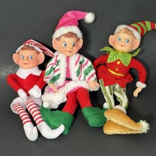 Christmas Knee Hugger Pixie Elf Doll Ornament Pink Candy Stripe Retro Lot 3 picture