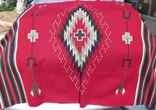 Large Vintage Handwoven Mexican Wool Rug in Red, Green, Beige, Grey 76
