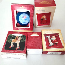 Hallmark Keepsake Ornaments Lot of 5-Curius the Elf, 2 Santas, Pony, USA Snowman picture