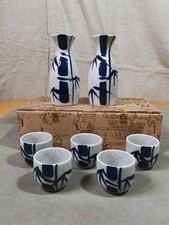 Classic Japanese Mino Ware Blue Bamboo 7-Piece Ceramic Sake Set NIB picture