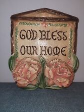 Vtg God Bless Our Home Granny Core Chalkware Plaque MCM Square w Pink Flowers picture