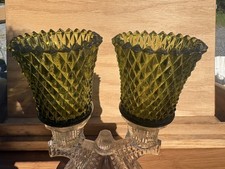 Vintage HOMCO Olive Green Glass Peg Votive Candle Holders Diamond Point Pair 2  picture