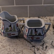 Vintage Henriot Quimper Octagonal Floral Glazed Creamer & Sugar Set F303D.301 picture