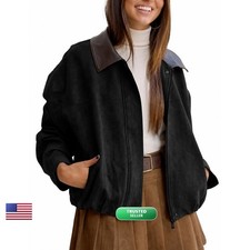 Yegthou Womens Faux Suede Bomber Jacket Black Size M picture