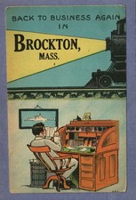 Postcard Back To Business Brockton Massachusetts MA Man At Roll Top Desk picture