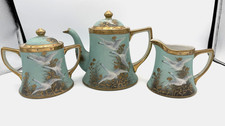 Antique Nippon Flying Geese Teapot Sugar Creamer Set Teal Gold Jeweled Paulownia picture