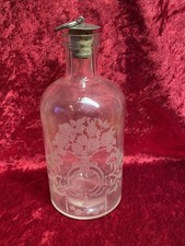 Vintage Etched Floral Glass Bottle / Decanter with Silver Cork Stopper picture