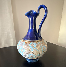 Antique Doulton Lambeth Slater’s Patent Ewer Cobalt Blue Turquoise Gold picture