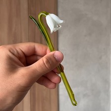 White Glass Bell Flower Hand Blown Floral Figurine Long Stem Gift picture