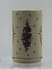 Lenox Ivory Porcelain Pierced Cylinder Votive Candle Holder Pink Roses Gold Trim picture
