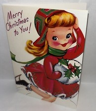 Merry Christmas 3.5 X 5” Unused VINTAGE STYLE Greeting Card Girl Ice Skating picture