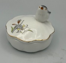 Trinket Dish Genuine Bone China Scallop Lid Gold Trim Sitting Bird and Florals picture