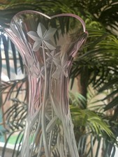 LENOX LEAD CRYSTAL VASE PINK/CLEAR ETCHED FROSTED FLORALS SCALLOPED EDGE 8.75