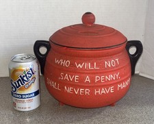 Vintage Large “Penny Pot” Red Kettle Coin Bank, WHO WILL NOT SAVE A PENNY picture