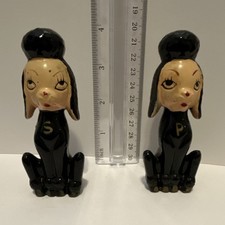 Vintage Japan Ceramic Black Poodle Dog Salt & Pepper Shakers 1950s picture