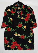 VTG Royal Creations Men's Black Hibiscus Hawaiian Shirt Cotton Made in HI Size L picture