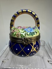 Retired Charmart Exclusif Limoges Trinket Box Royal Blue Flower Basket picture