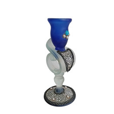 Vtg Cobalt Blue & Clear Frosted Glass Hand Blown Swirl Candleholder Metal Detail picture