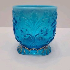 BLUE SPOONER GLASS Vase Beaumont Flora 1899 White Opalescent Rim Gold Accent picture