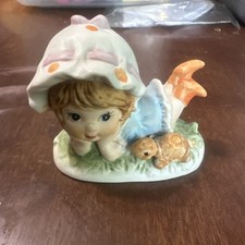 Vintage Lefton Hand Painted Girl Bonnet Turtle Figurine #869 picture