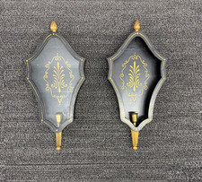 Pair Vtg Italian Metal Toleware Wall Sconce Candleholders Pair 16x10”- NO TARIFF picture
