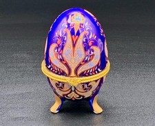 VINTAGE Hand-Painted Blue &Gold Ornate Egg Trinket Box Collectible Display Piece picture