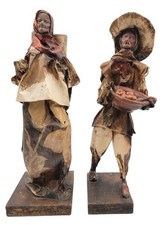 Mexican Folk Art Rustic Paper Figurines Farmer & Woman Unique Vintage 12