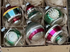 Vintage Shiny Brite Made In USA Indent Bell Stripes Glass Christmas Ornament picture